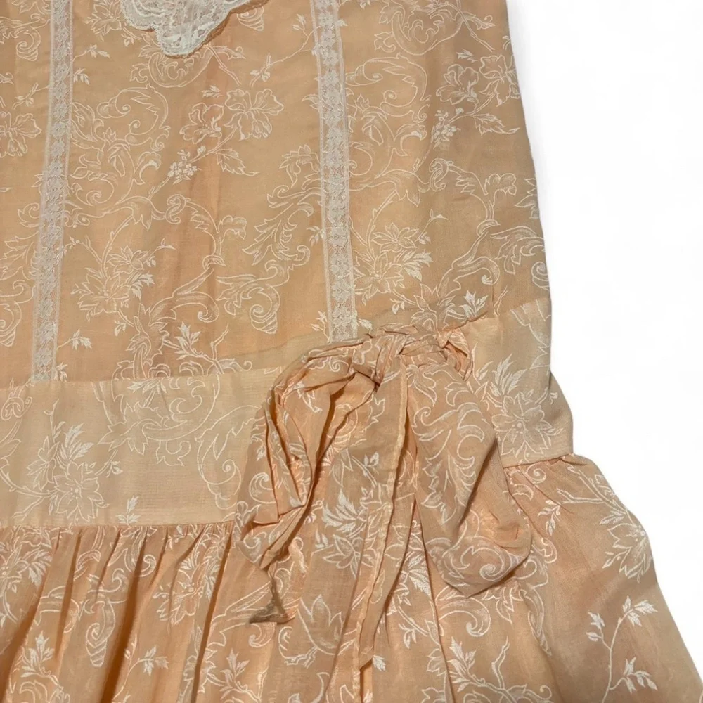 Vintage Gunne Sax Dress XS 3 Peach Sheer Lace Drop Waist Floral Cottagecore - Picture 6 of 8